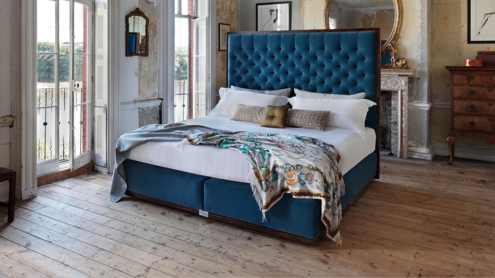 Savoir Bed State with headboard and base trim in walnut burr