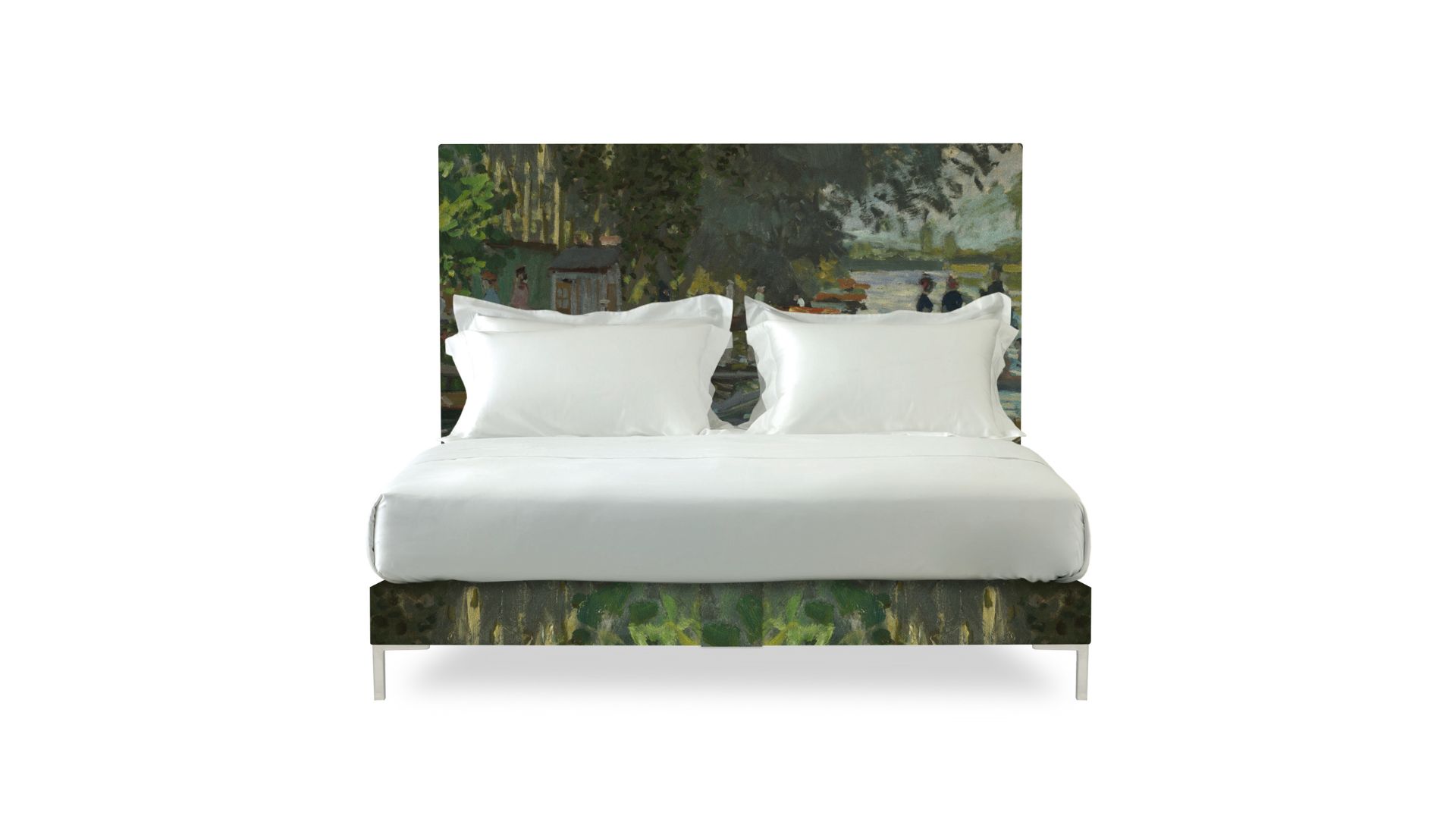 Savoir Beds and the National Gallery collaboration. Headboard is depicting a famous scene along the Seine River, Bathers at La Grenouillère by Claude Monet.