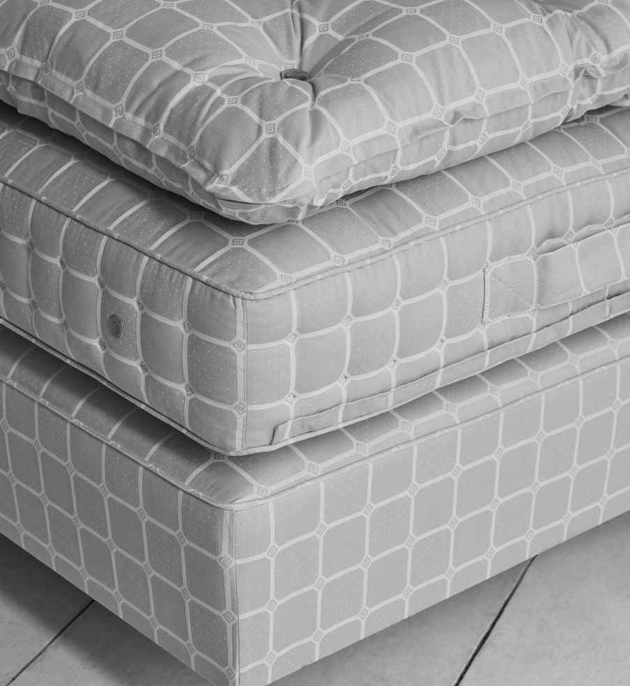Savoir beds featuring the base, the mattress and the topper in black in white picture